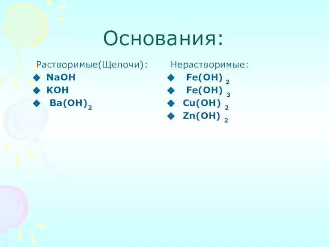 Основания: Растворимые(Щелочи): NaOH KOH Ba(OH)2 Нерастворимые: Fe(OH) 2 Fe(OH) 3 Cu(OH) 2 Zn(OH) 2