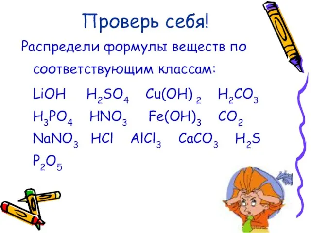 Проверь себя! Распредели формулы веществ по соответствующим классам: LiOH H2SO4 Cu(OН) 2