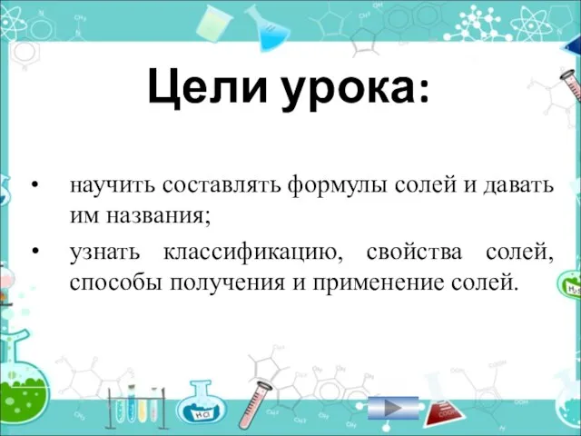 • научить составлять формулы солей и давать им названия; • узнать классификацию,