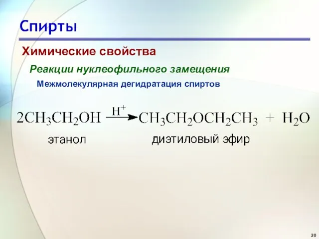 Спирты Химические свойства Реакции нуклеофильного замещения Межмолекулярная дегидратация спиртов