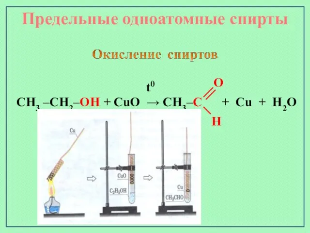 Предельные одноатомные cпирты CH3 –CH2–OH + CuO → CH3–C + Cu + H2O t0 O H