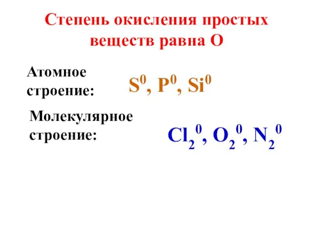 Степень окисления простых веществ равна О S0, P0, Si0 Cl20, O20, N20 Атомное строение: Молекулярное строение: