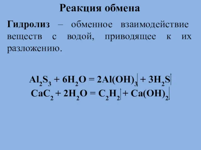 . Реакция обмена Гидролиз – обменное взаимодействие веществ с водой, приводящее к