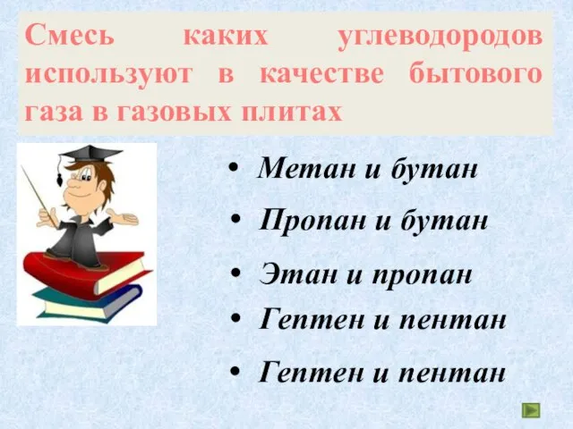 Смесь каких углеводородов используют в качестве бытового газа в газовых плитах Метан