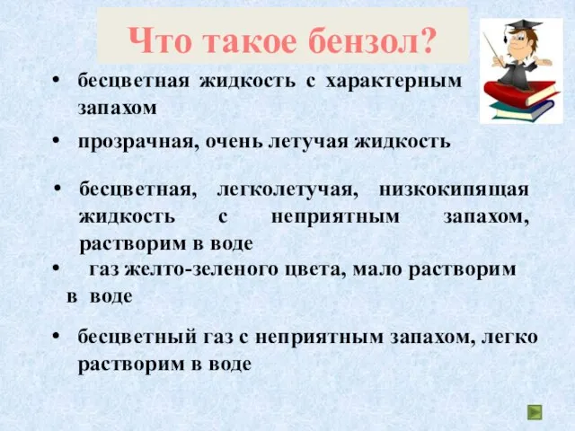 Что такое бензол? бесцветная жидкость с характерным запахом прозрачная, очень летучая жидкость