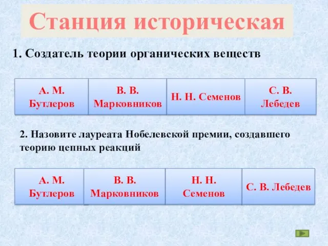 Станция историческая 1. Создатель теории органических веществ верно неверно неверно неверно А.