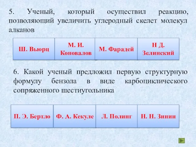 5. Ученый, который осуществил реакцию, позволяющий увеличить углеродный скелет молекул алканов молодец