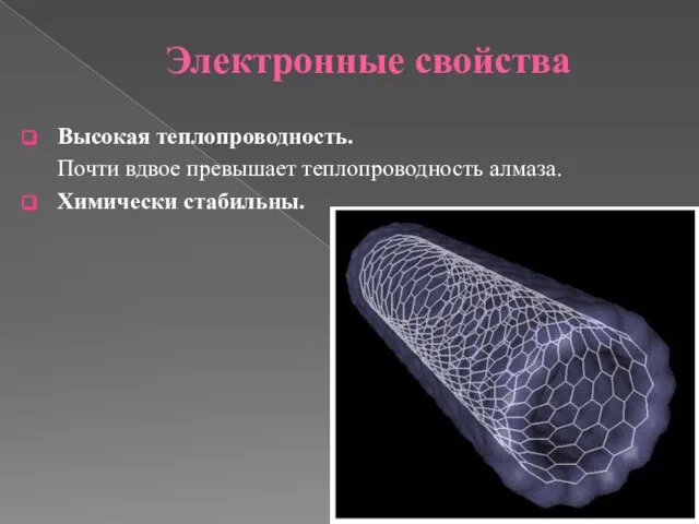 Электронные свойства Высокая теплопроводность. Почти вдвое превышает теплопроводность алмаза. Химически стабильны.