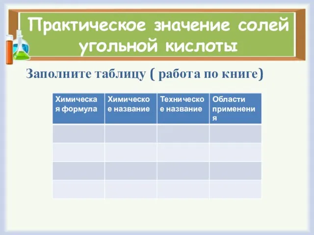 Практическое значение солей угольной кислоты Заполните таблицу ( работа по книге)