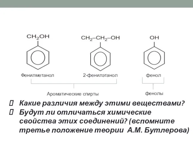 Фенилметанол 2-фенилэтанол фенол Какие различия между этими веществами? Будут ли отличаться химические