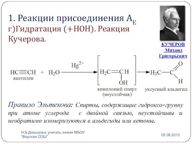 1. Реакции присоединения АЕ г)Гидратация (+НОН). Реакция Кучерова. КУЧЕРОВ Михаил Григорьевич Правило