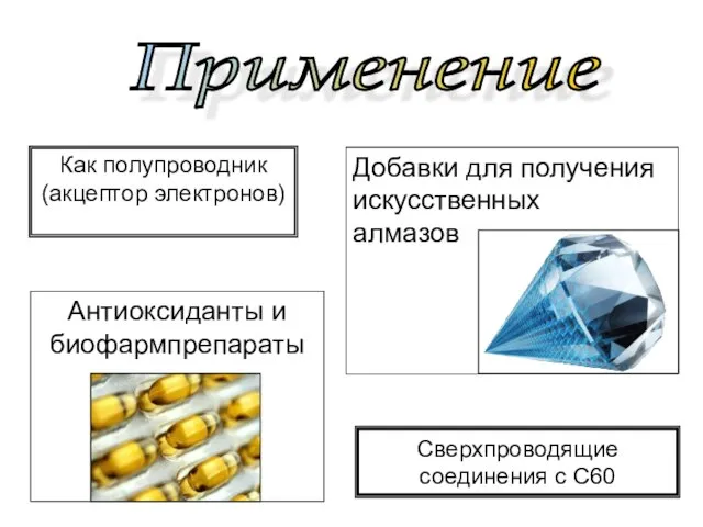 Применение Как полупроводник (акцептор электронов) Добавки для получения искусственных алмазов Антиоксиданты и