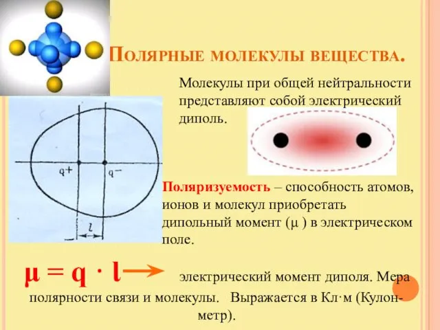 Полярные молекулы вещества. Молекулы при общей нейтральности представляют собой электрический диполь. Поляризуемость