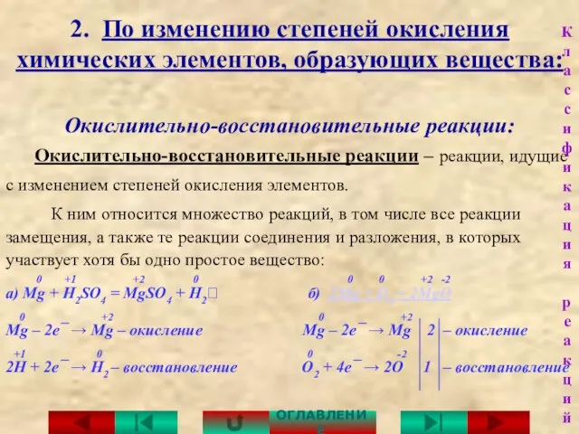 2. По изменению степеней окисления химических элементов, образующих вещества: Окислительно-восстановительные реакции: Окислительно-восстановительные