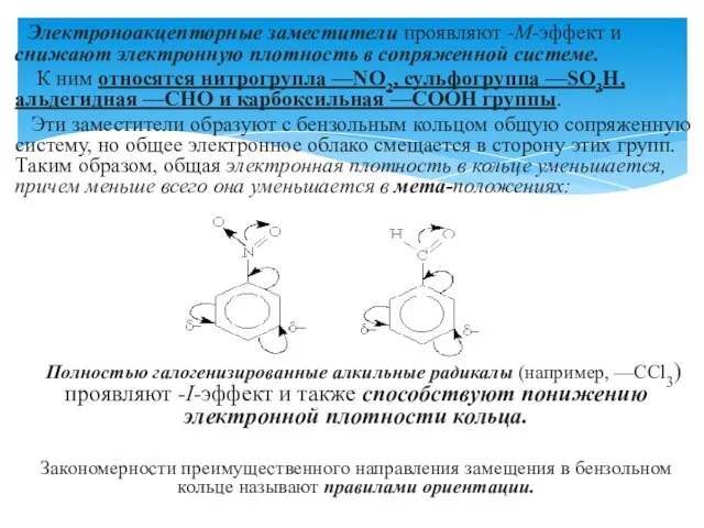 Электроноакцепторные заместители проявляют -М-эффект и снижают электронную плотность в сопряженной системе. К