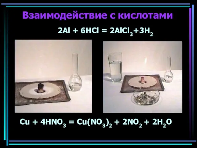 Взаимодействие с кислотами 2Al + 6HCl = 2AlCl3+3H2 Cu + 4HNO3 =