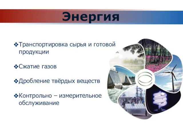 Энергия Транспортировка сырья и готовой продукции Сжатие газов Дробление твёрдых веществ Контрольно – измерительное обслуживание