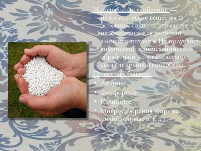 Минеральные удобрения — неорганические вещества (в основном соли), содержащие необходимые для растений