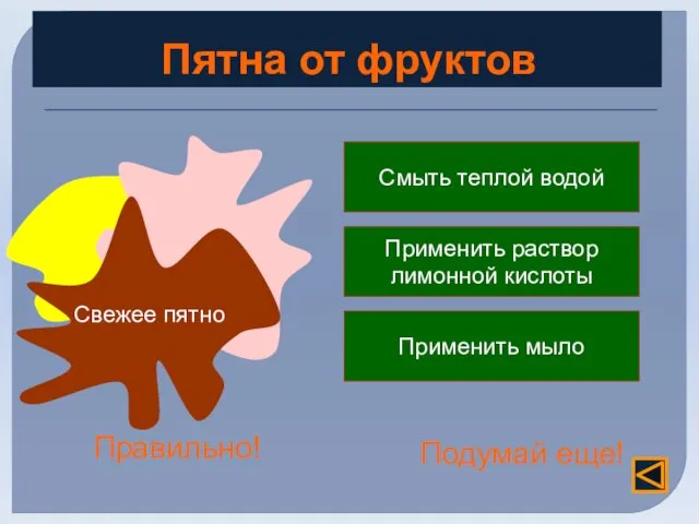 Пятна от фруктов Свежее пятно Смыть теплой водой Применить раствор лимонной кислоты