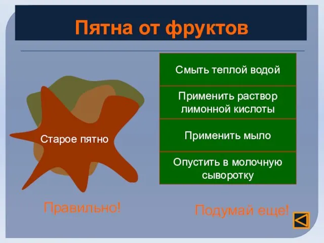 Пятна от фруктов Смыть теплой водой Применить раствор лимонной кислоты Применить мыло