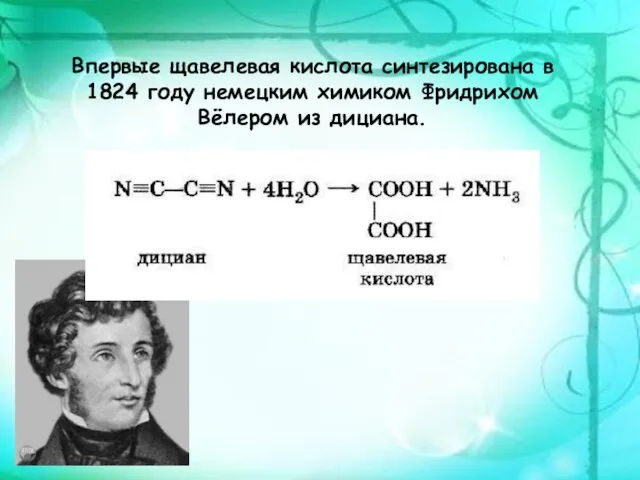 Впервые щавелевая кислота синтезирована в 1824 году немецким химиком Фридрихом Вёлером из дициана.