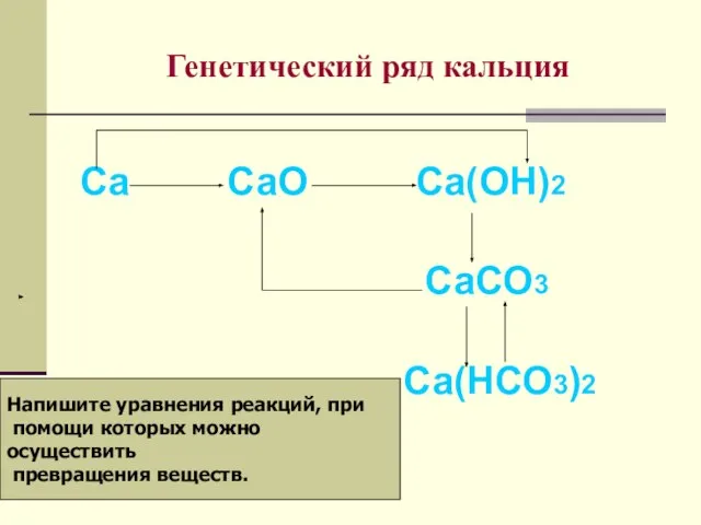 Генетический ряд кальция Са СаО Са(ОН)2 СаСО3 Са(НСО3)2 Напишите уравнения реакций, при