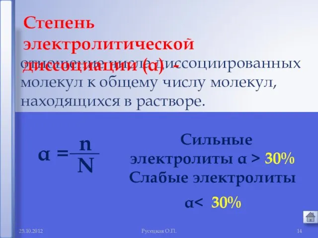 Русецкая О.П. отношение числа диссоциированных молекул к общему числу молекул, находящихся в