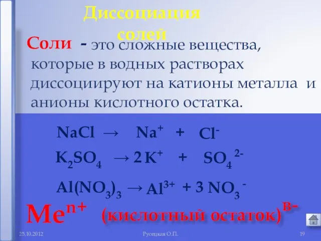 Русецкая О.П. это сложные вещества, которые в водных растворах диссоциируют на катионы