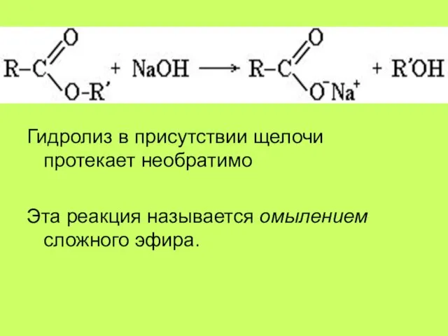 Гидролиз в присутствии щелочи протекает необратимо Эта реакция называется омылением сложного эфира.