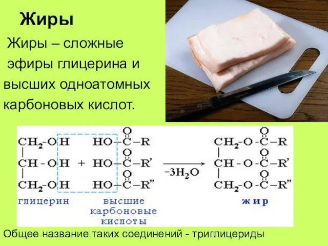 Жиры Жиры – сложные эфиры глицерина и высших одноатомных карбоновых кислот. Общее