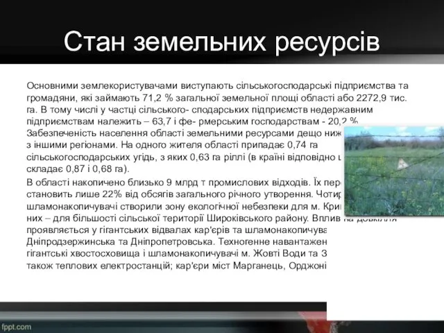 Стан земельних ресурсів Основними землекористувачами виступають сільськогосподарські підприємства та громадяни, які займають