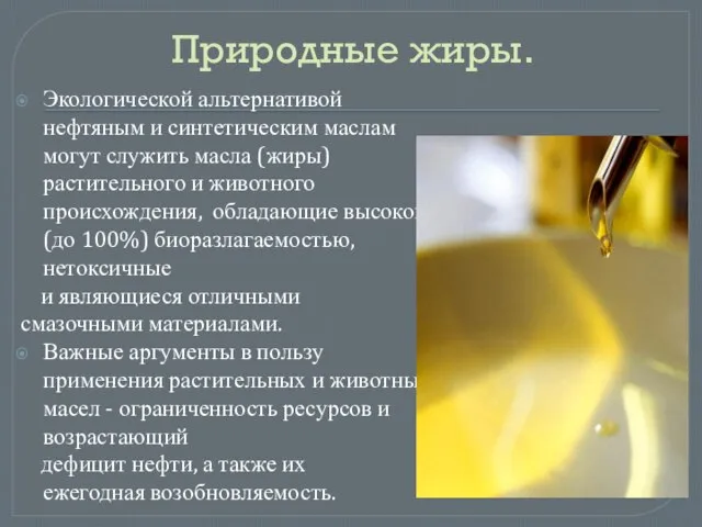 Природные жиры. Экологической альтернативой нефтяным и синтетическим маслам могут служить масла (жиры)