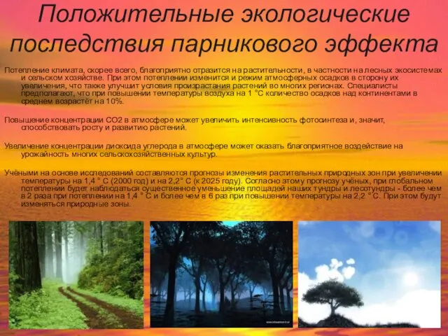 Положительные экологические последствия парникового эффекта Потепление климата, скорее всего, благоприятно отразится на