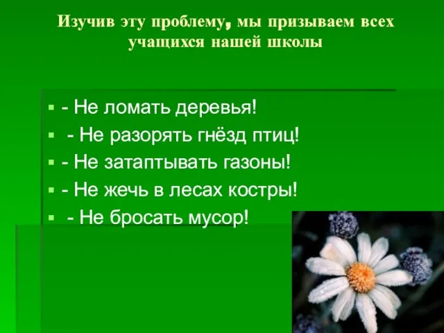 Изучив эту проблему, мы призываем всех учащихся нашей школы - Не ломать