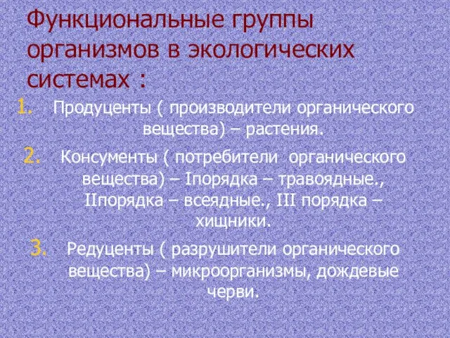 Функциональные группы организмов в экологических системах : Продуценты ( производители органического вещества)