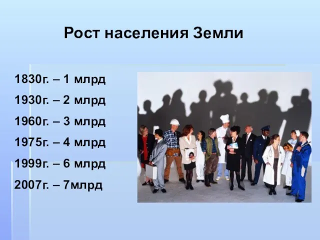 Рост населения Земли 1830г. – 1 млрд 1930г. – 2 млрд 1960г.