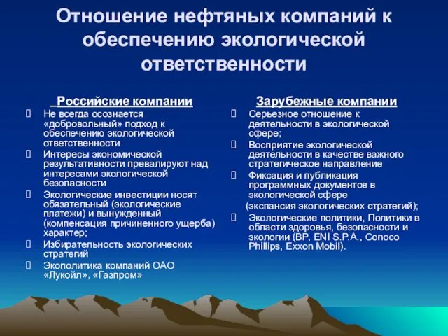 Отношение нефтяных компаний к обеспечению экологической ответственности Российские компании Не всегда осознается