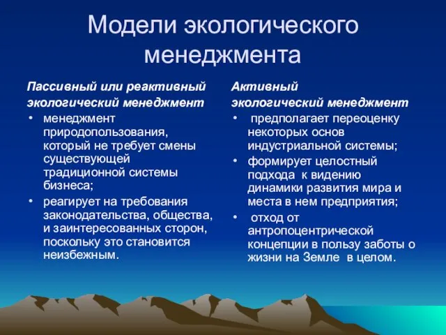 Модели экологического менеджмента Пассивный или реактивный экологический менеджмент менеджмент природопользования, который не