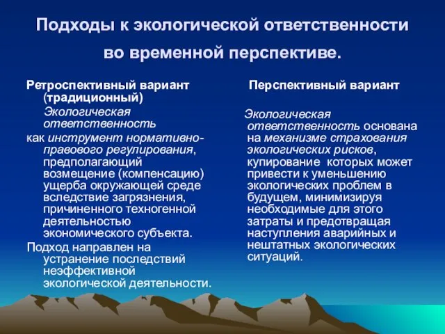 Подходы к экологической ответственности во временной перспективе. Ретроспективный вариант (традиционный) Экологическая ответственность