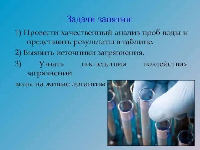 Задачи занятия: 1) Провести качественный анализ проб воды и представить результаты в