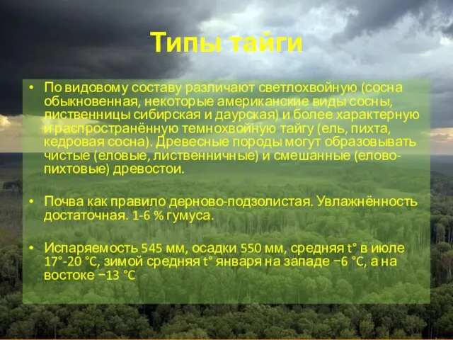 Типы тайги По видовому составу различают светлохвойную (сосна обыкновенная, некоторые американские виды