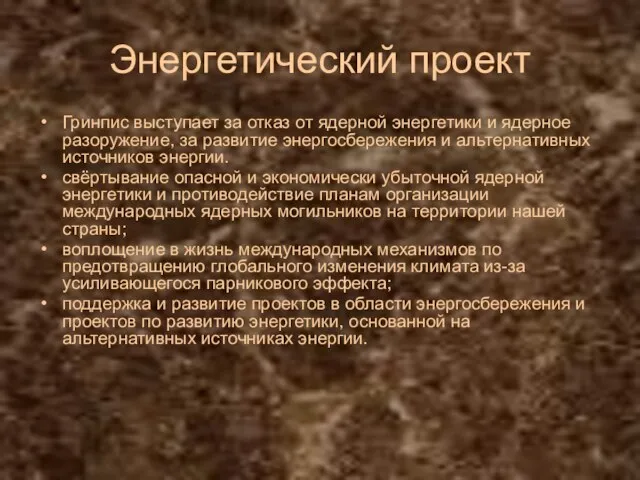 Энергетический проект Гринпис выступает за отказ от ядерной энергетики и ядерное разоружение,