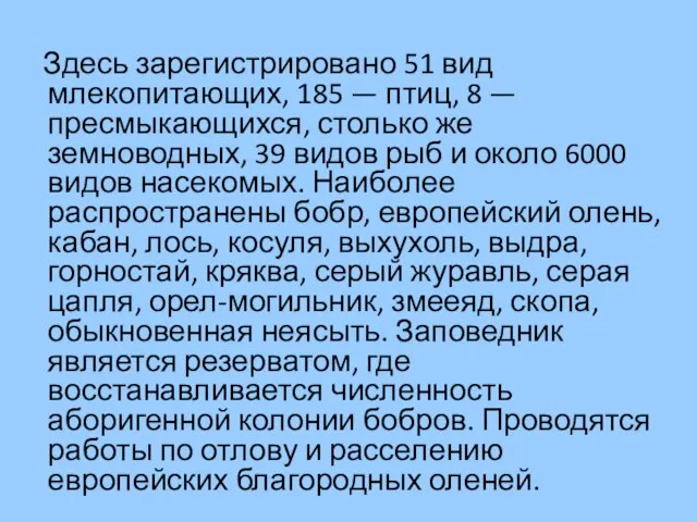 Здесь зарегистрировано 51 вид млекопитающих, 185 — птиц, 8 — пресмыкающихся, столько