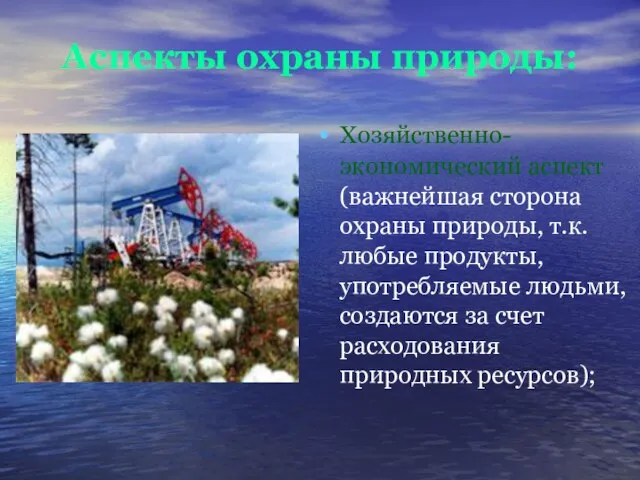 Аспекты охраны природы: Хозяйственно-экономический аспект (важнейшая сторона охраны природы, т.к. любые продукты,