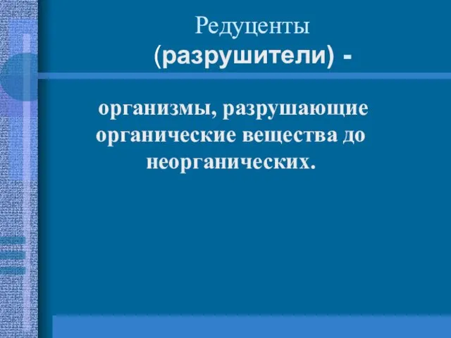 Редуценты (разрушители) - организмы, разрушающие органические вещества до неорганических.