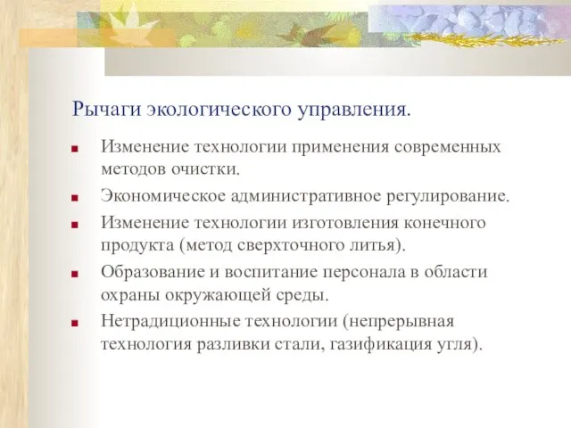 Рычаги экологического управления. Изменение технологии применения современных методов очистки. Экономическое административное регулирование.