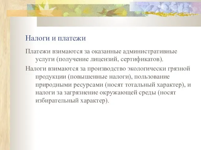 Налоги и платежи Платежи взимаются за оказанные административные услуги (получение лицензий, сертификатов).