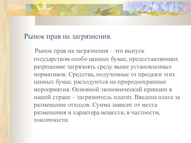 Рынок прав на загрязнения. Рынок прав на загрязнения – это выпуск государством