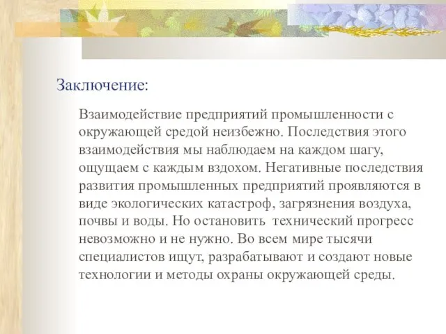 Заключение: Взаимодействие предприятий промышленности с окружающей средой неизбежно. Последствия этого взаимодействия мы