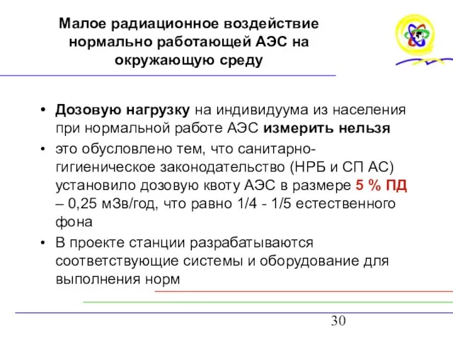 Малое радиационное воздействие нормально работающей АЭС на окружающую среду Дозовую нагрузку на